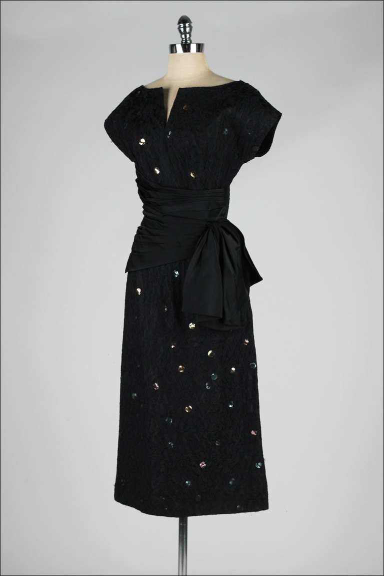 Women's Vintage 1950's Miss Kane Black Lace Paillette Sequins Dress