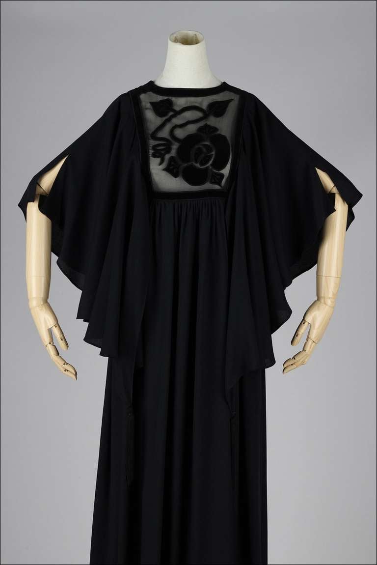 Vintage 1970's Jean Varon Black Flutter Sleeve Maxi Dress