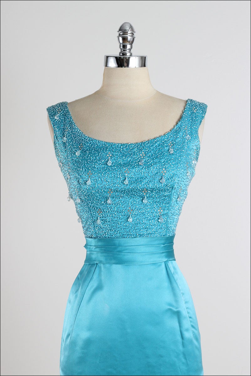 Vintage 1960s Turquoise Satin Beaded Dress