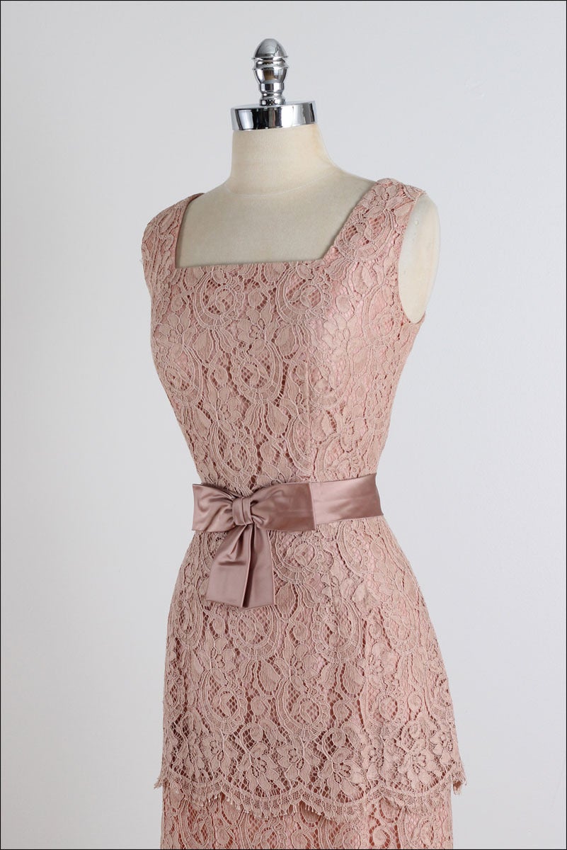 Vintage 1950s Rose Lace Cocktail Dress For Sale 2