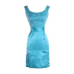 Vintage 1960s Turquoise Satin Beaded Dress