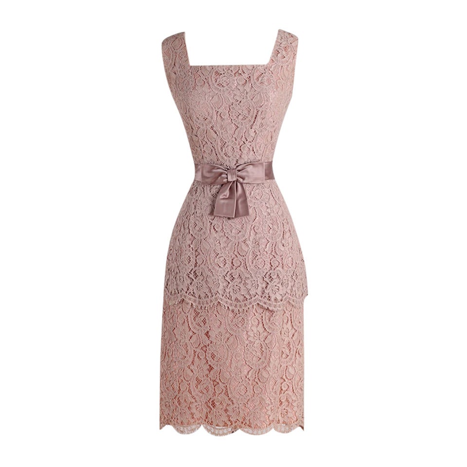 Vintage 1950s Rose Lace Cocktail Dress For Sale