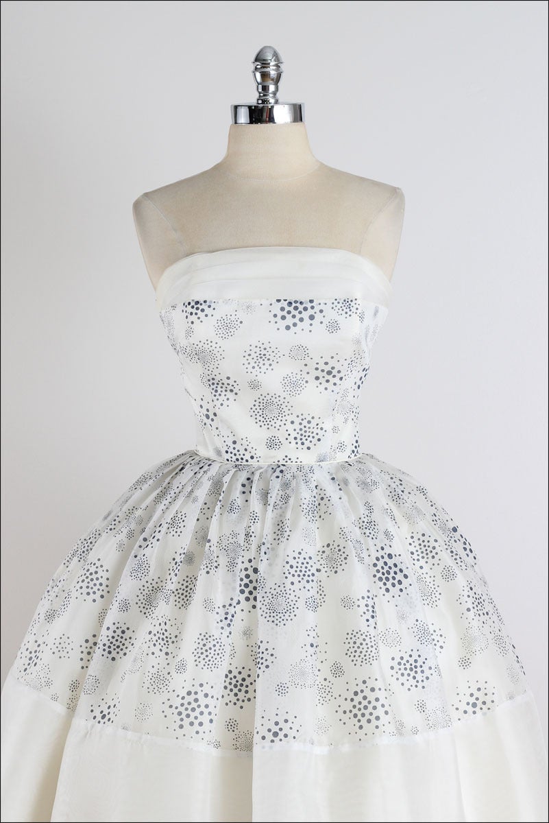 ➳ vintage 1950s dress

* white chiffon
* acetate & tulle lining
* navy bubble dot design
* bodice stays
* back tails
* metal back zipper 

condition | excellent- original zipper has been replaced

fits like small

length 36