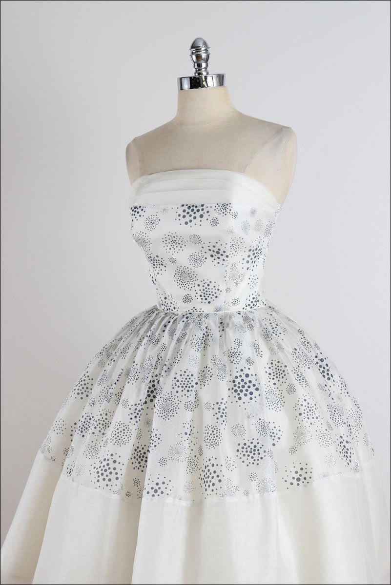 Vintage 1950s White Bubble Dots Chiffon Dress 1