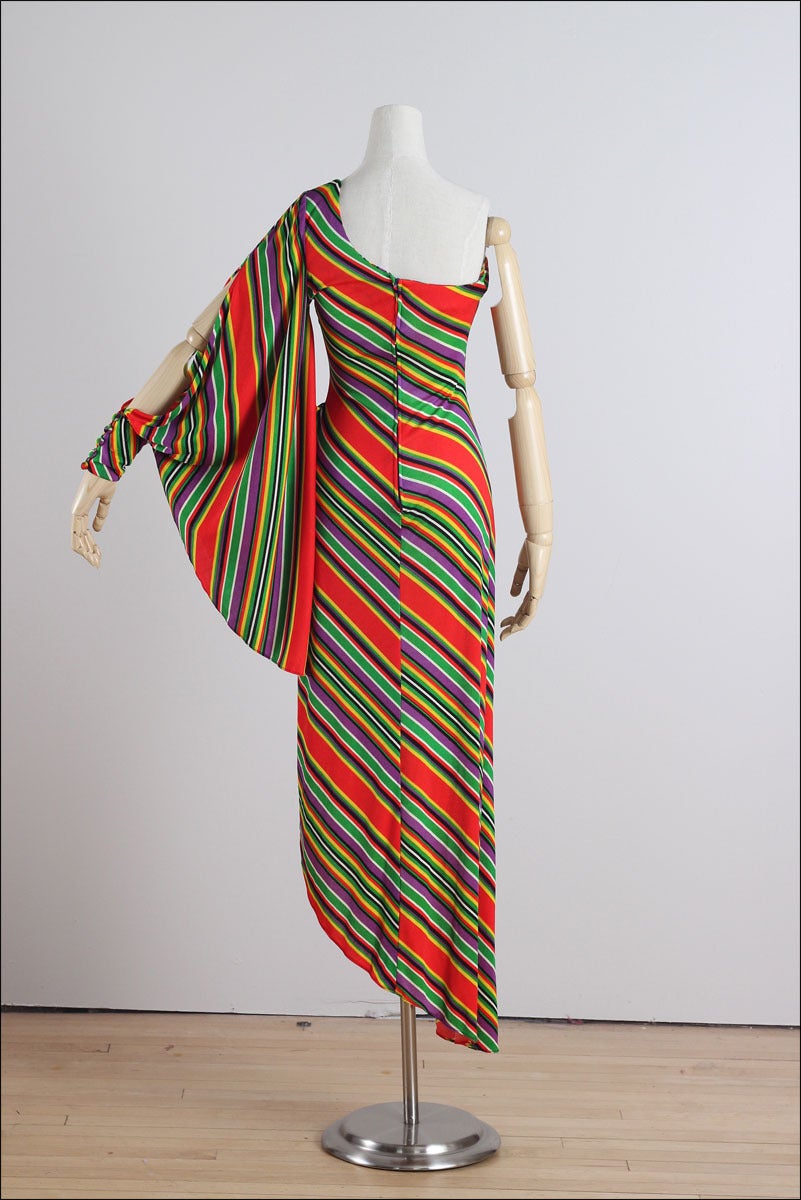 Vintage 1970s One Shoulder Striped Batwing Sleeve Dress For Sale 1