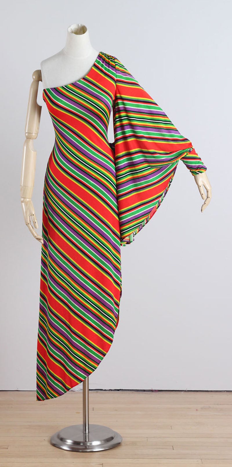 Vintage 1970s One Shoulder Striped Batwing Sleeve Dress For Sale 3