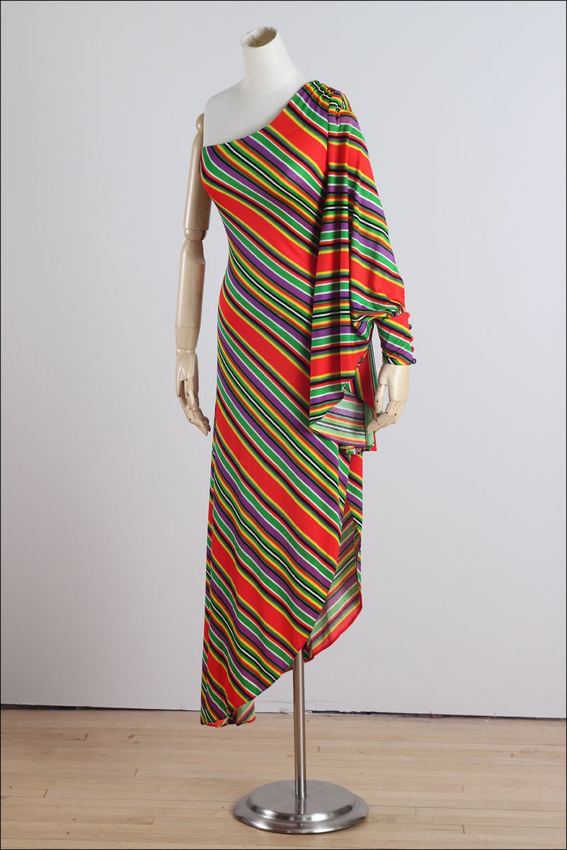 Women's Vintage 1970s One Shoulder Striped Batwing Sleeve Dress For Sale