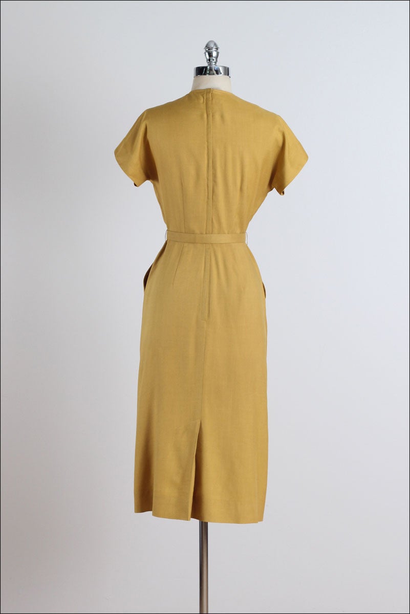 Vintage 1940s Paul Sachs Mustard Yellow Cotton Linen Dress & Shawl 4