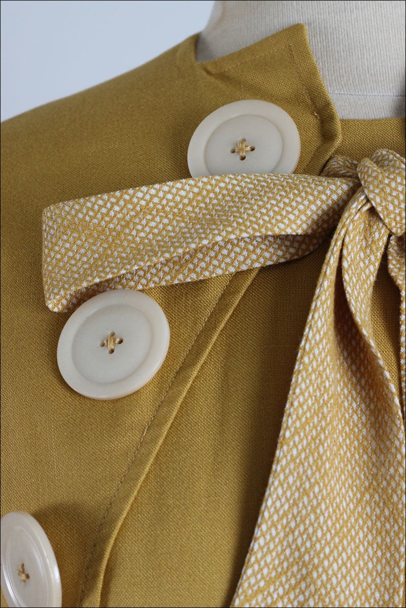 Women's Vintage 1940s Paul Sachs Mustard Yellow Cotton Linen Dress & Shawl