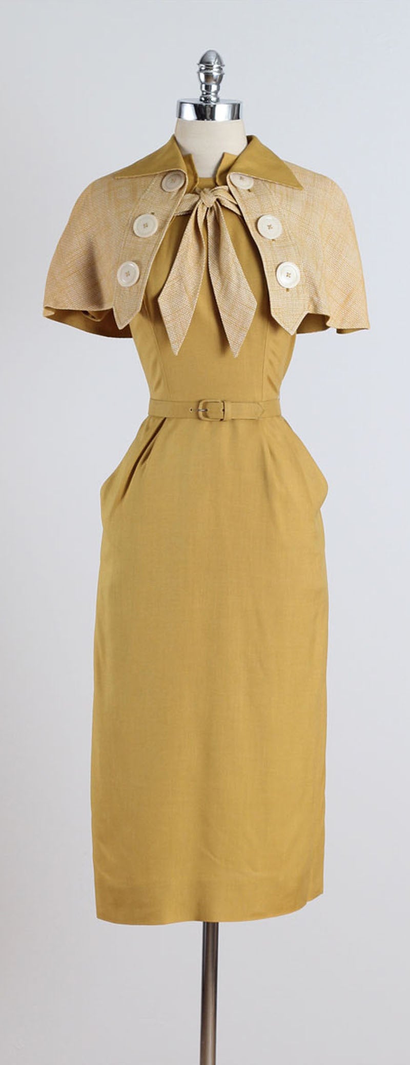 Vintage 1940s Paul Sachs Mustard Yellow Cotton Linen Dress & Shawl 5
