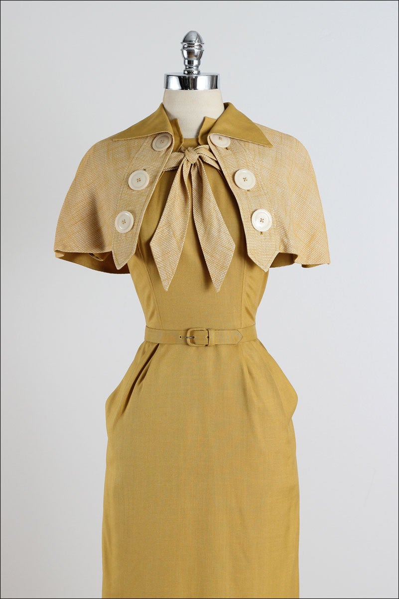 Vintage 1940s Paul Sachs Mustard Yellow Cotton Linen Dress & Shawl 1