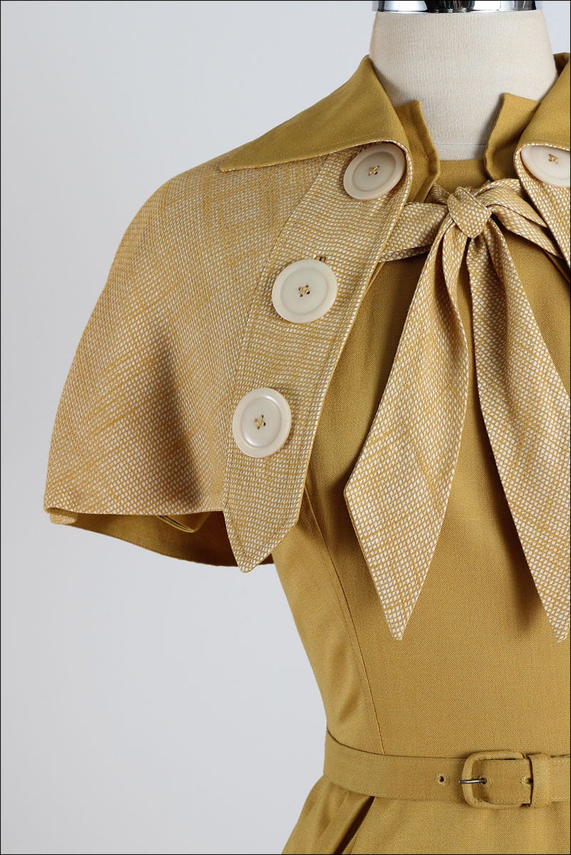 Vintage 1940s Paul Sachs Mustard Yellow Cotton Linen Dress & Shawl 2