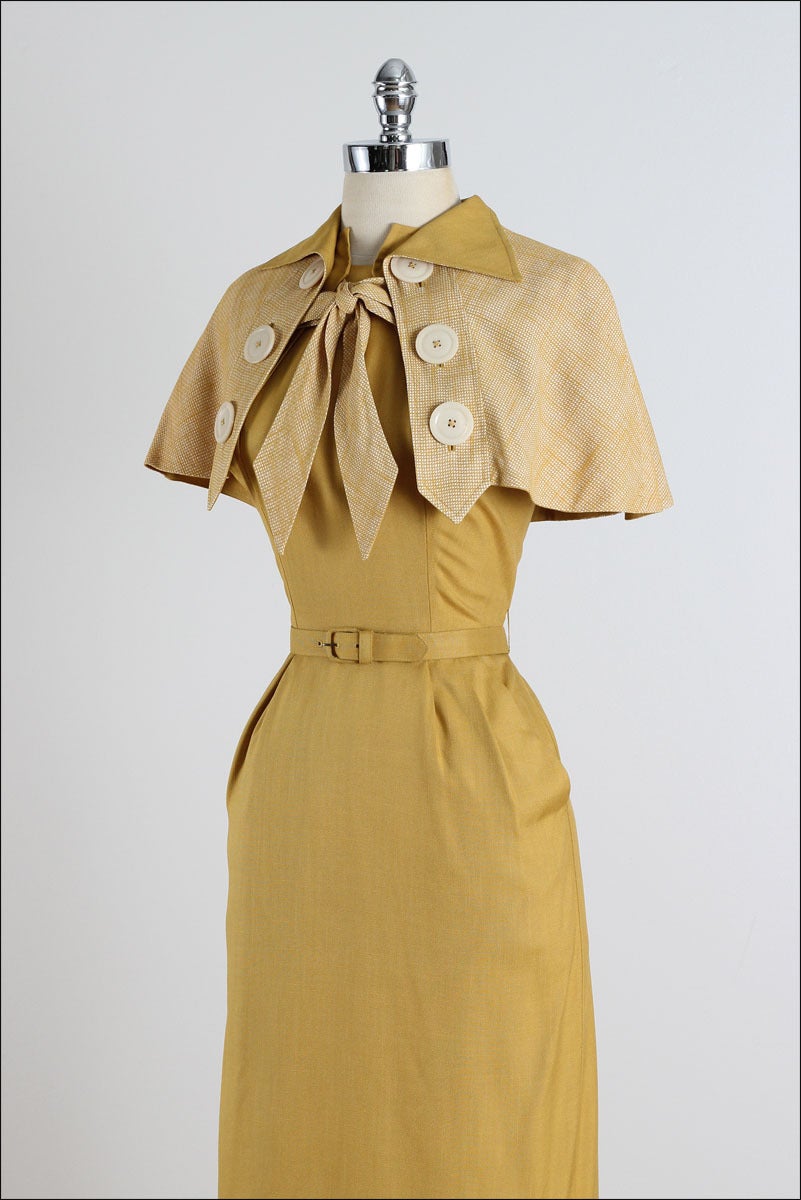 Vintage 1940s Paul Sachs Mustard Yellow Cotton Linen Dress & Shawl 3