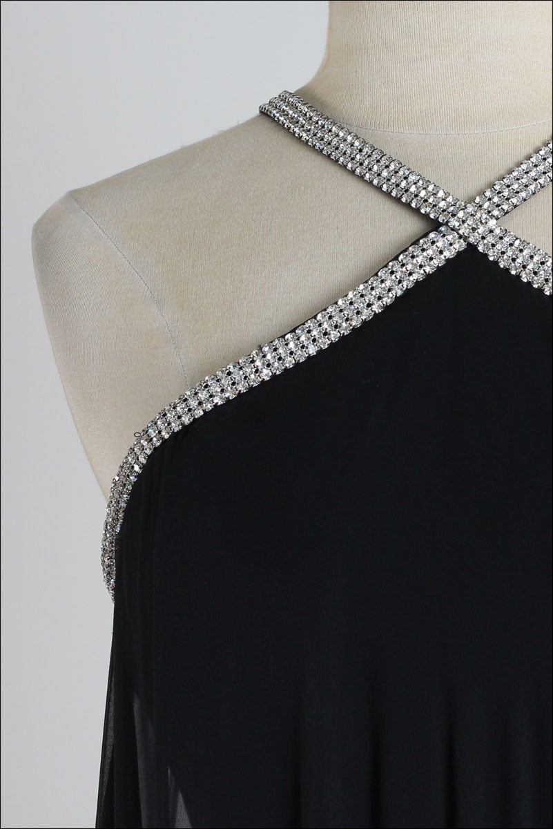 Women's Vintage 1960s Black Rhinestone Halter Cocktail Dress
