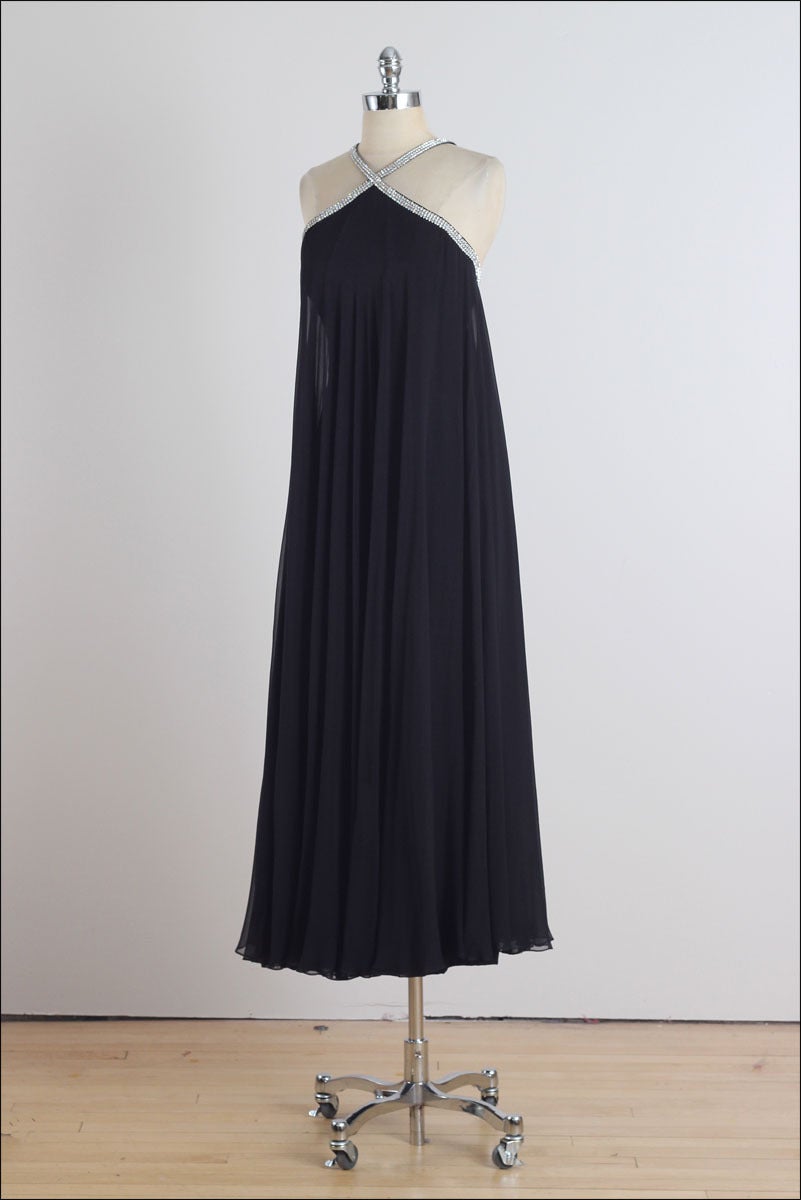 Vintage 1960s Black Rhinestone Halter Cocktail Dress 1