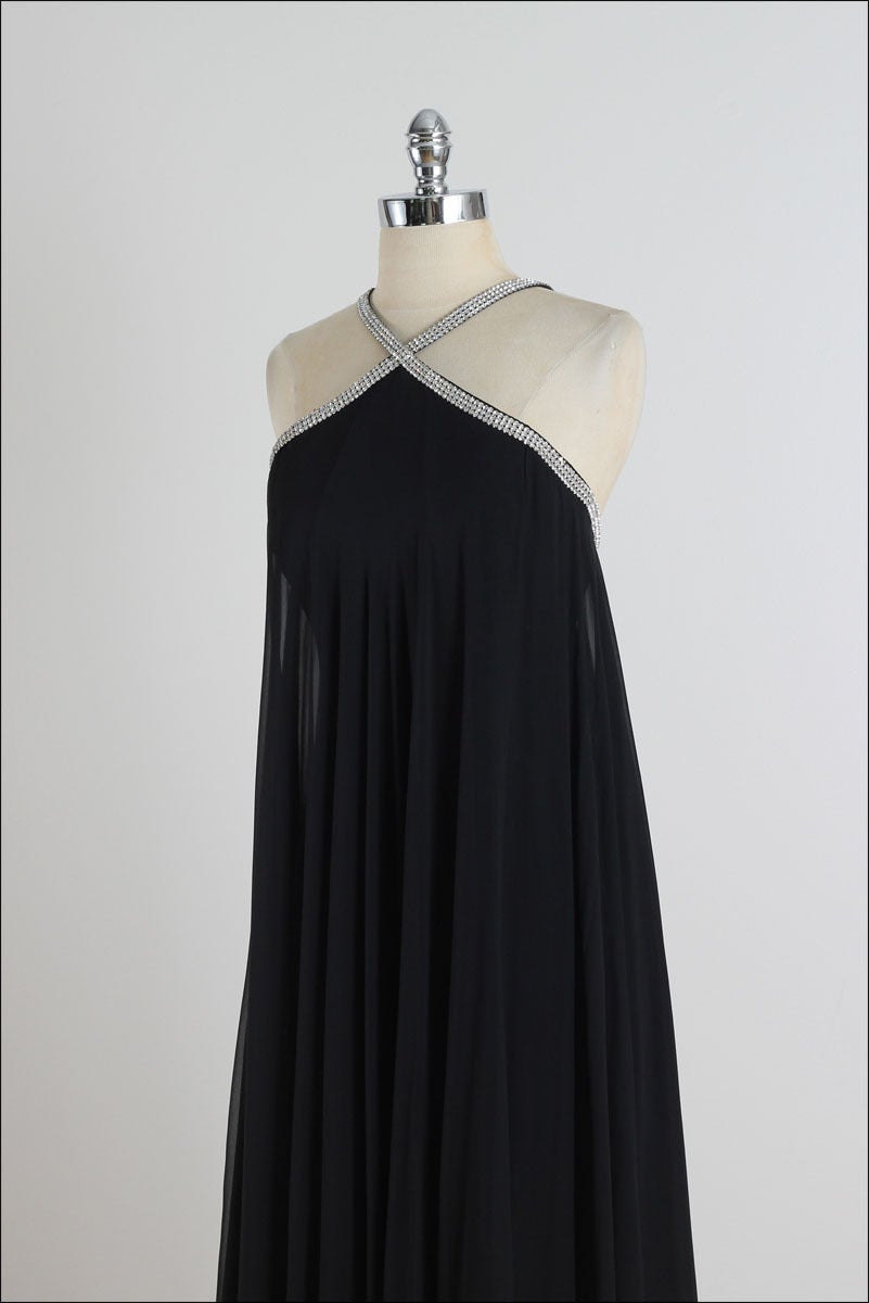 Vintage 1960s Black Rhinestone Halter Cocktail Dress 2
