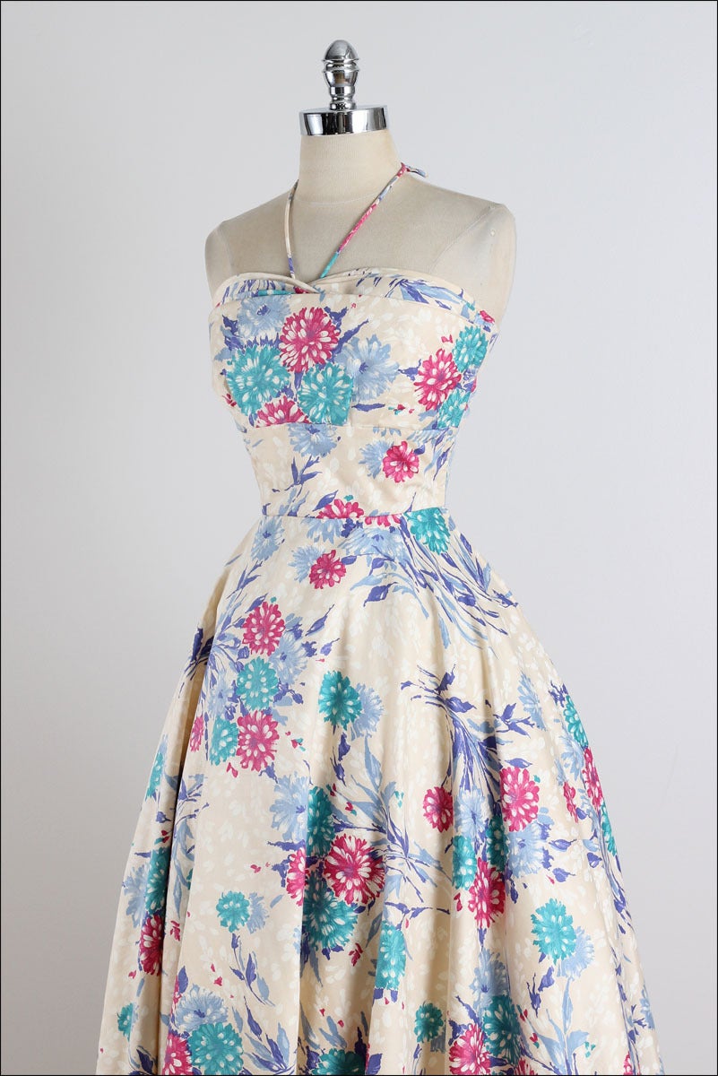 Vintage 1950s Polished Cotton Halter Dress For Sale 3
