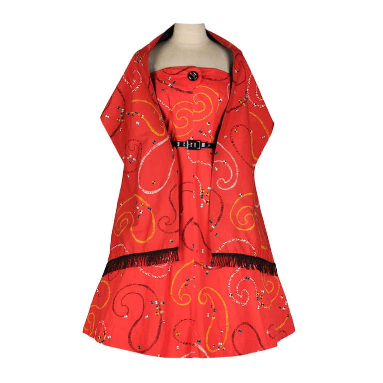 Vintage 1950's Red Cotton Abstract Print Dress and Wrap
