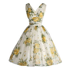 Vintage 1950
s White Chiffon Yellow Roses Cocktail Dress Vintage 1950
s White Chiffon Yellow Roses Cocktail Dress