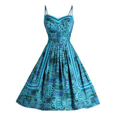 Vintage 1950's Blue Floral Cotton Alix of Miami Dress