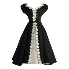 Vintage 1950's Black Taffeta White Macrame Flower Dress
