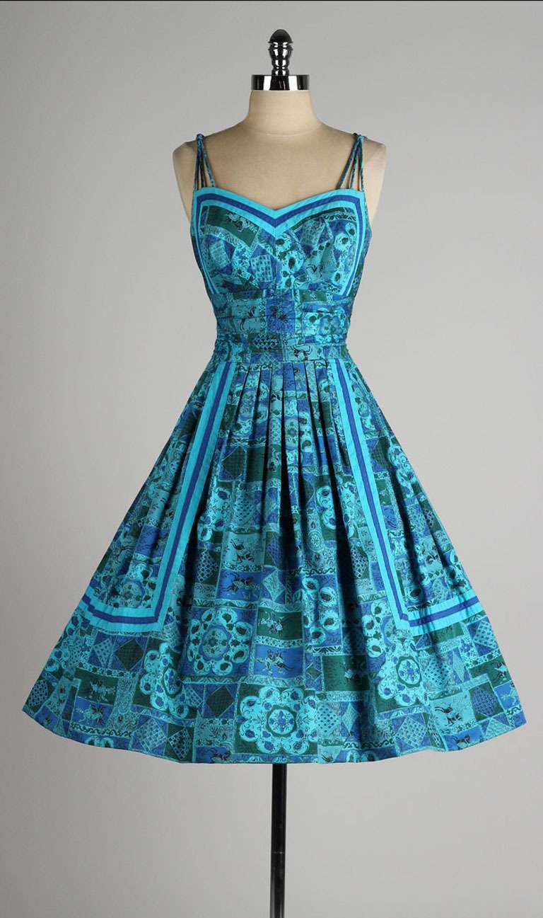 Vintage 1950's Blue Floral Cotton Alix of Miami Dress 2