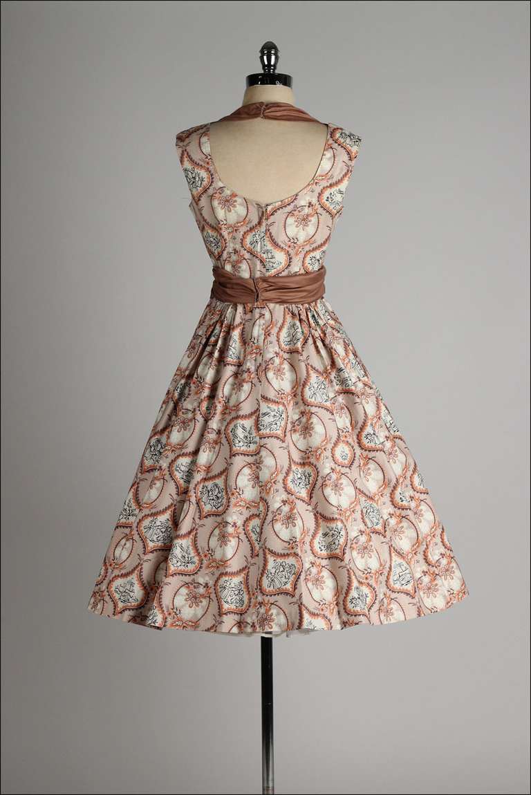 Vintage 1950's Marjae of Miami Polished Cotton Victorian Novelty Print Dress 1