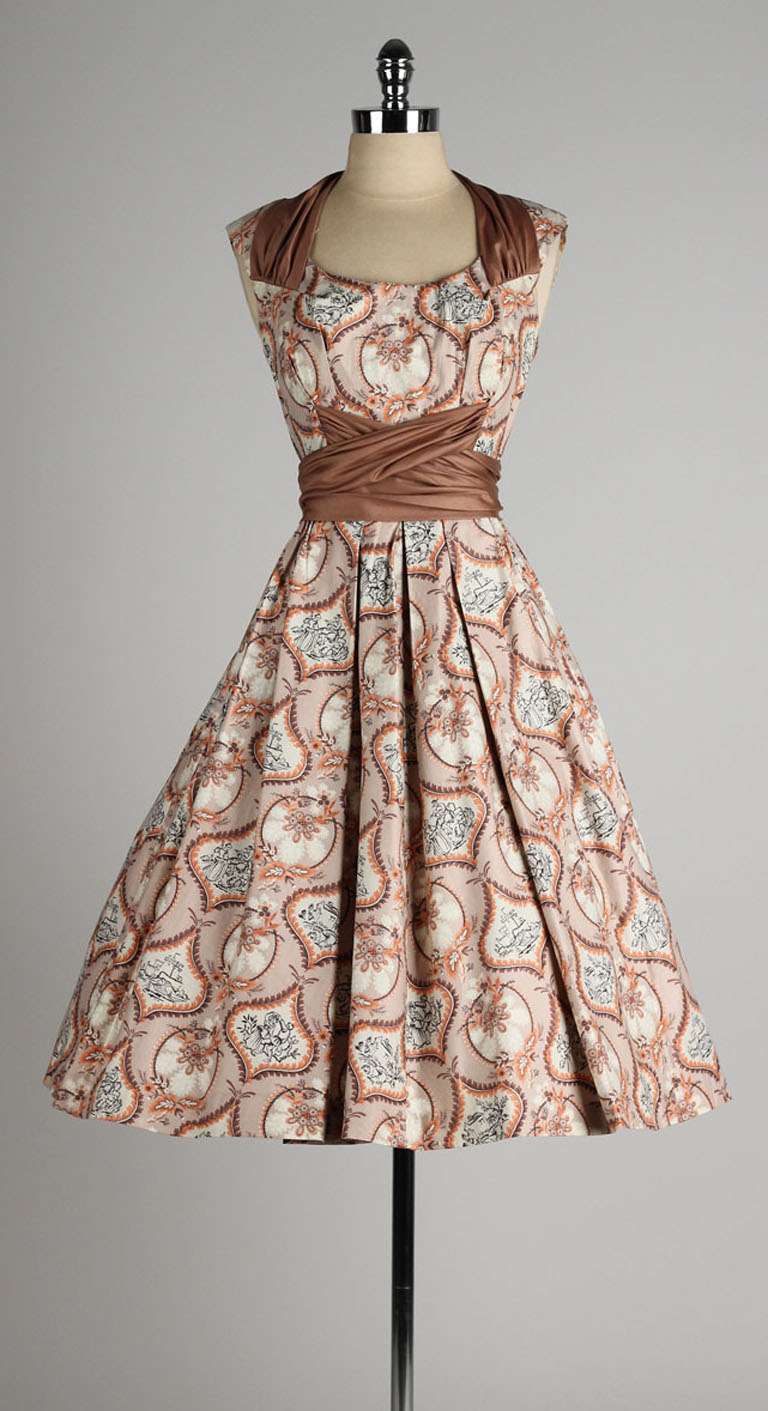 Vintage 1950's Marjae of Miami Polished Cotton Victorian Novelty Print Dress 3