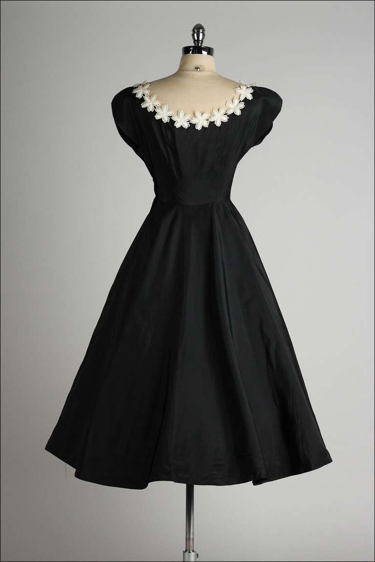 Women's Vintage 1950's Black Taffeta White Macrame Flower Dress