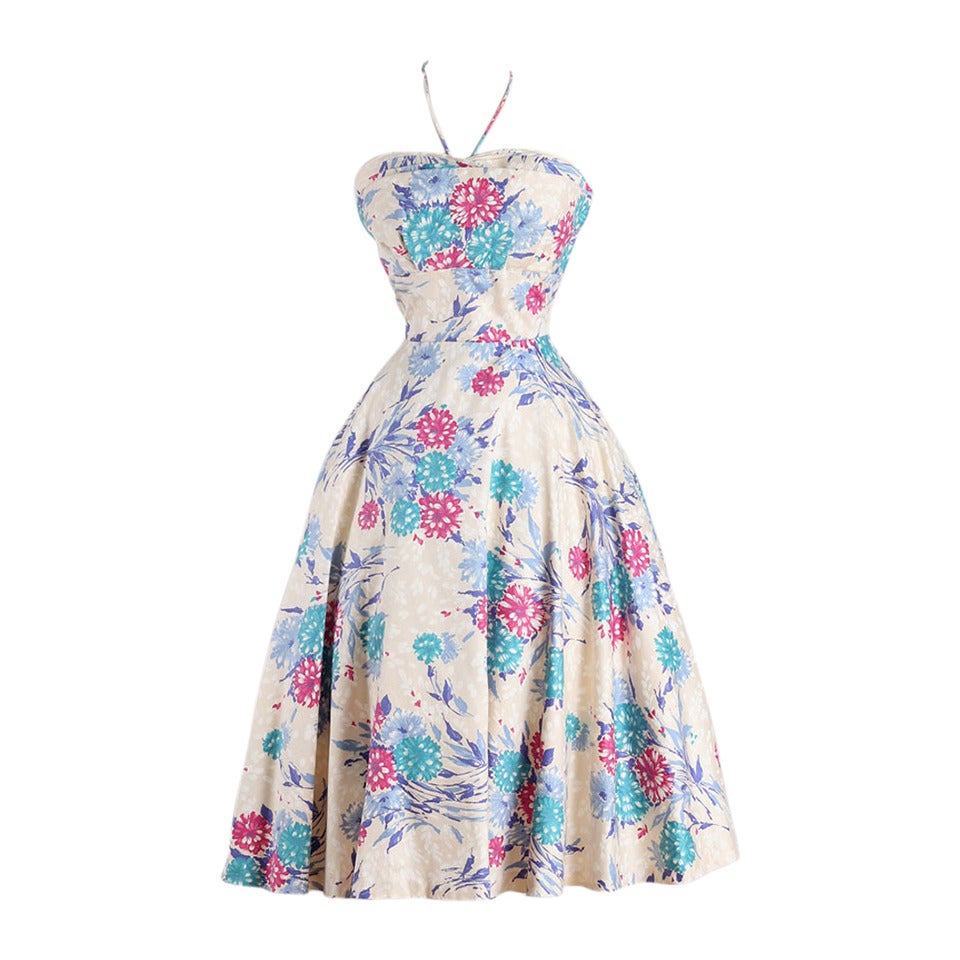 Vintage 1950s Polished Cotton Halter Dress For Sale