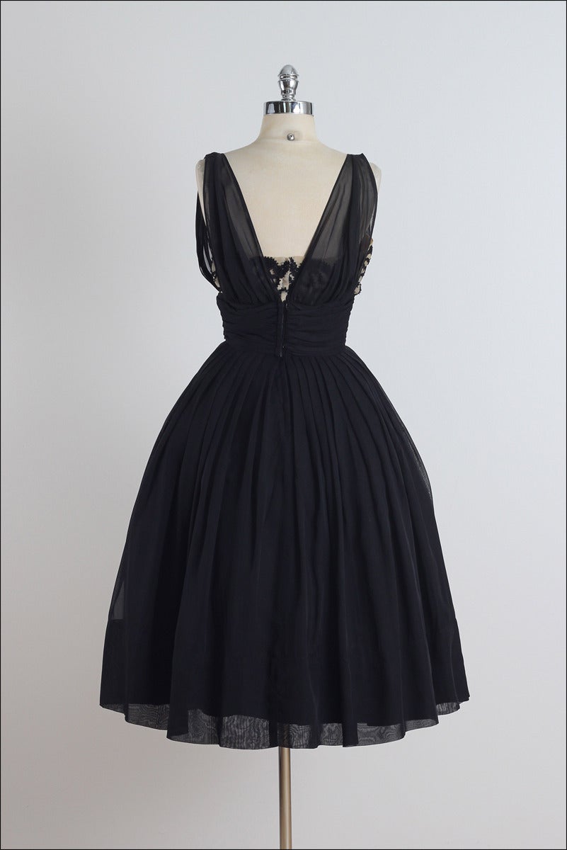 Vintage 1950s Miss Elliotte Black Chiffon Cocktail Dress 3