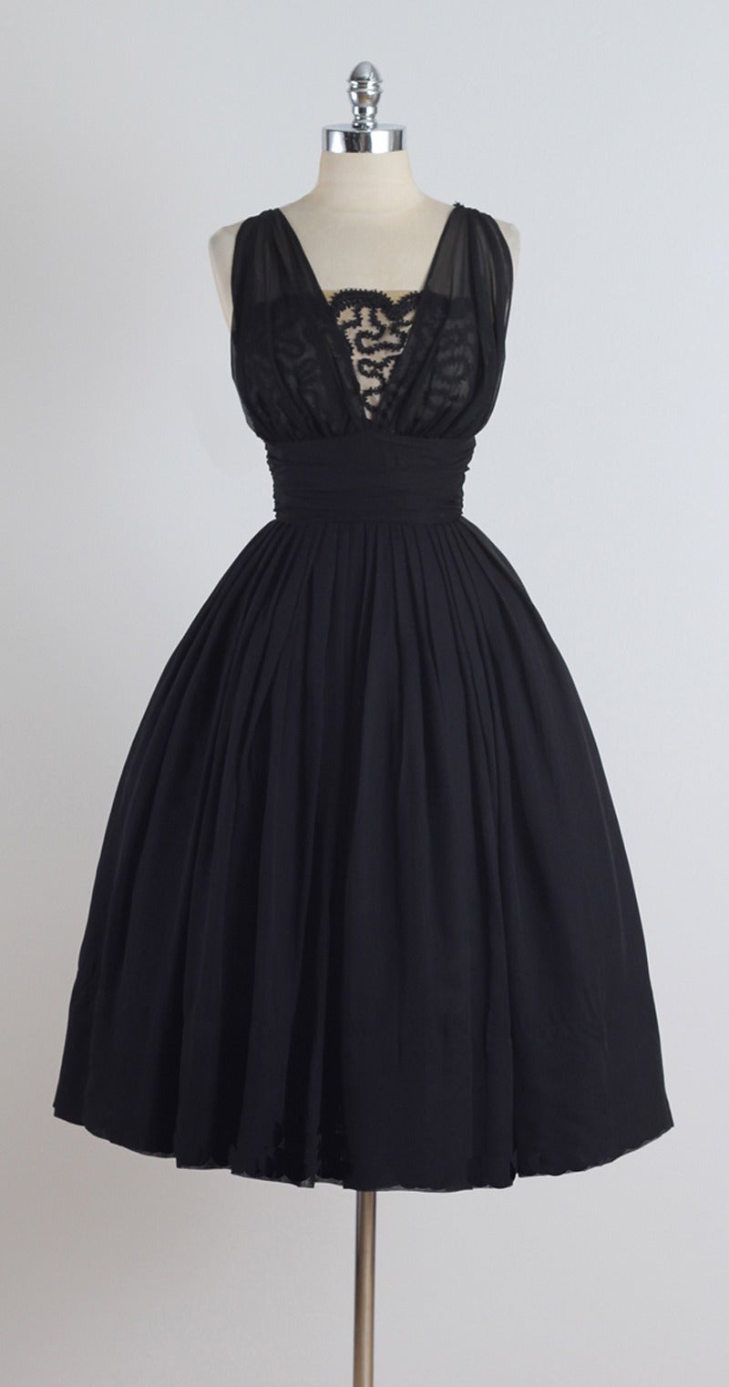Vintage 1950s Miss Elliotte Black Chiffon Cocktail Dress 5