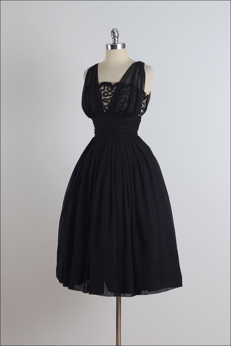 Vintage 1950s Miss Elliotte Black Chiffon Cocktail Dress 1