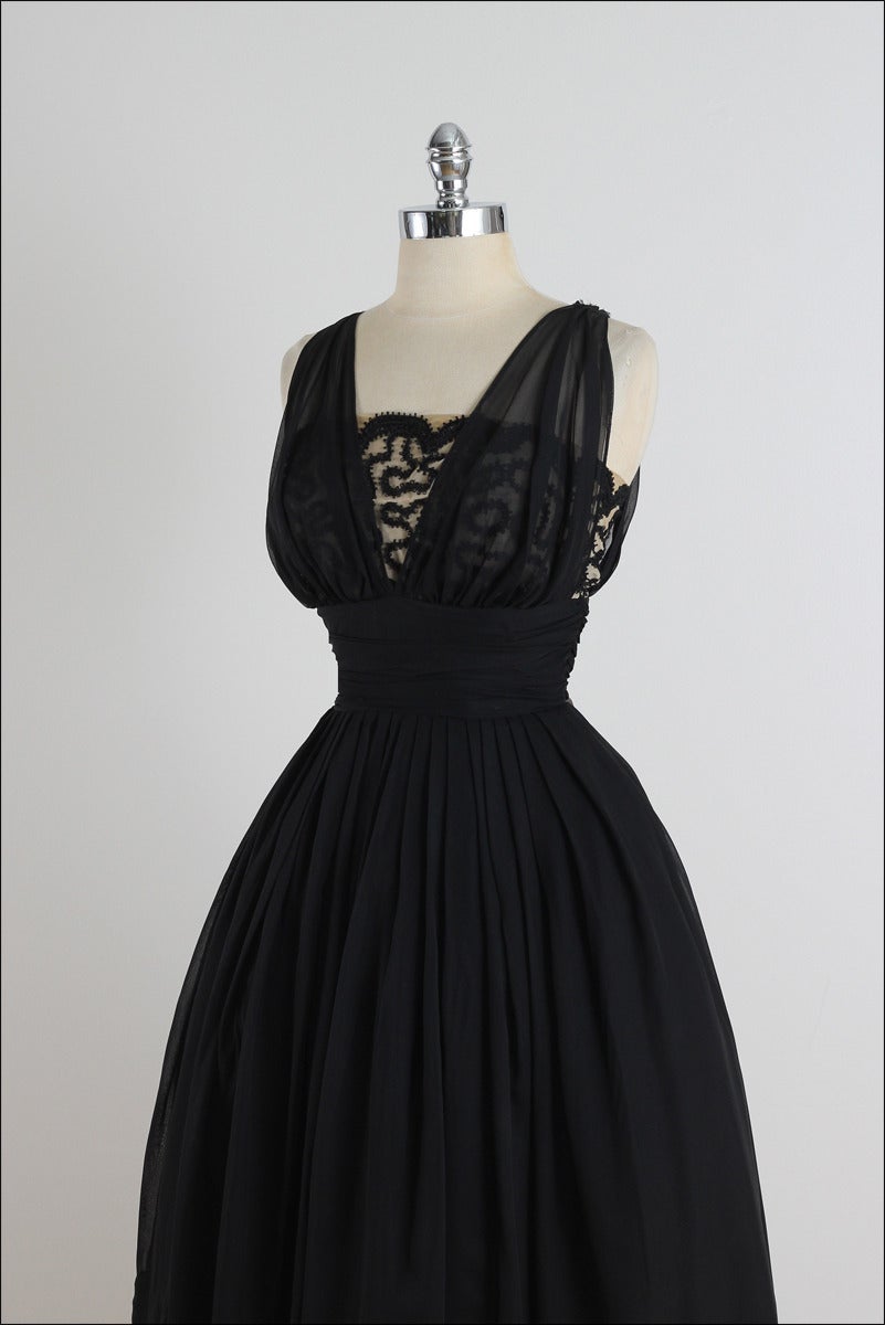 Vintage 1950s Miss Elliotte Black Chiffon Cocktail Dress 2