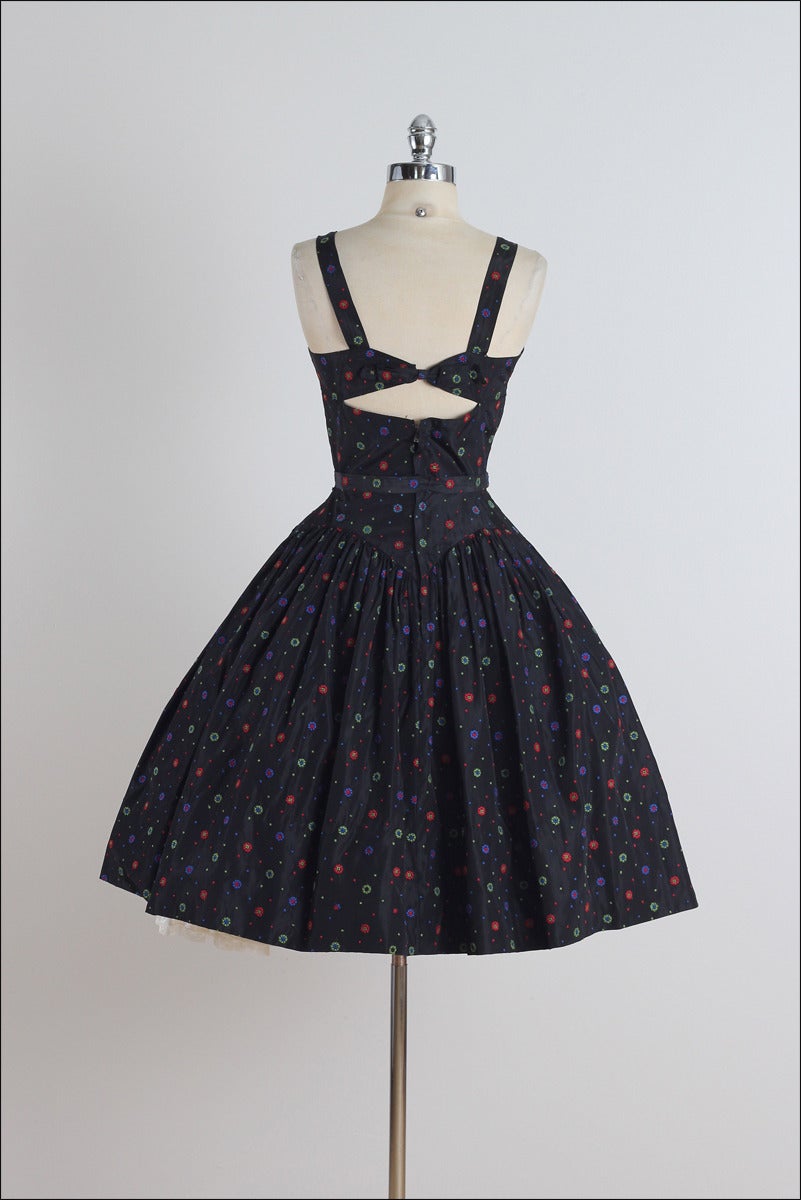 Vintage 1950s Black Floral Embroidered Dress For Sale 3