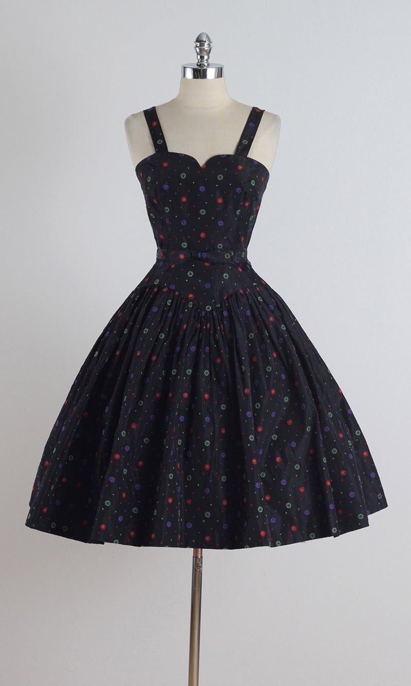 Vintage 1950s Black Floral Embroidered Dress For Sale 4