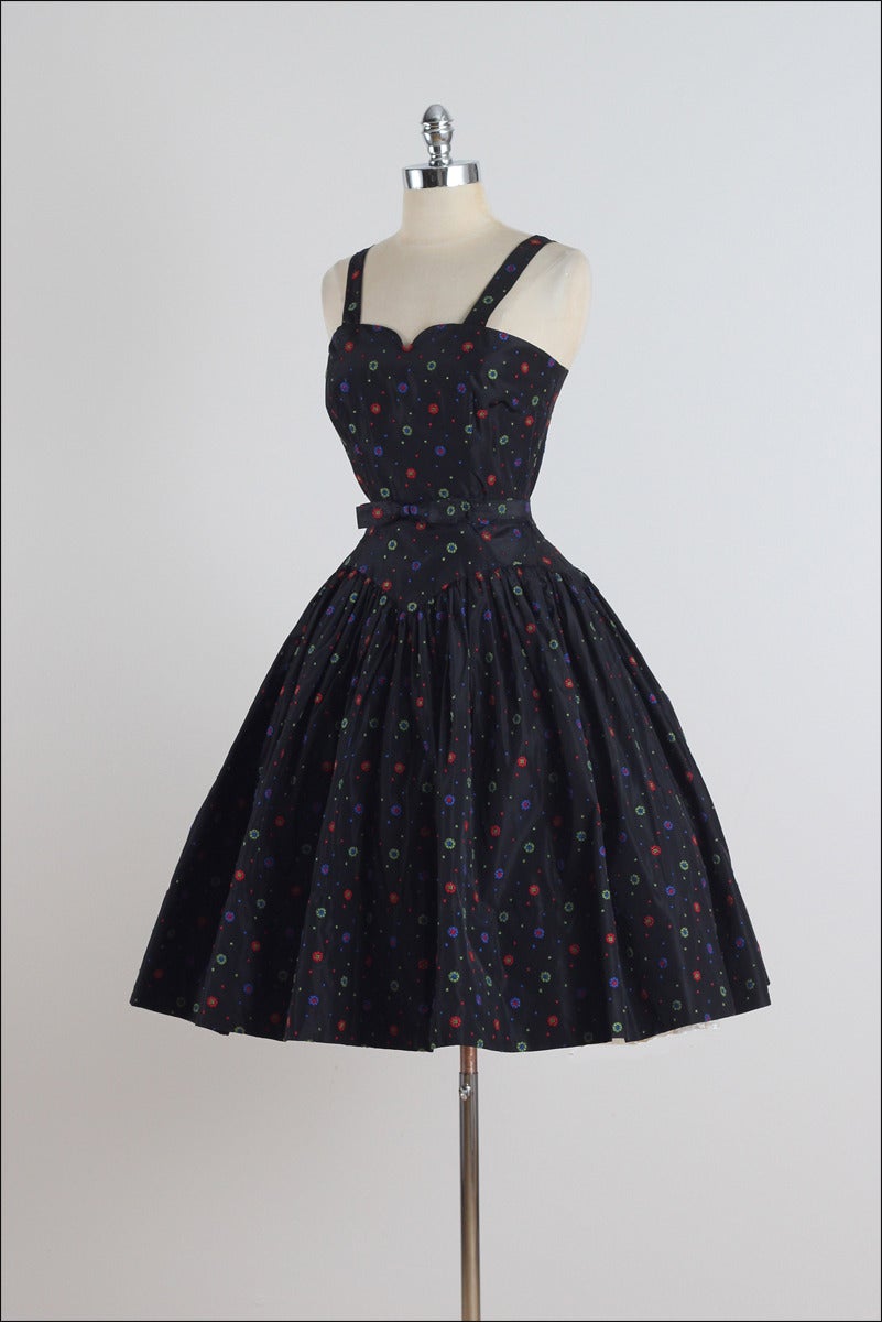 Vintage 1950s Black Floral Embroidered Dress For Sale 1