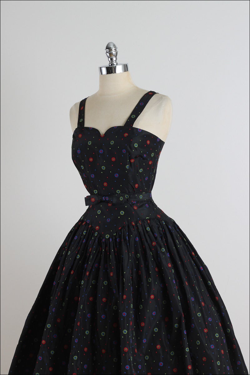 Vintage 1950s Black Floral Embroidered Dress For Sale 2