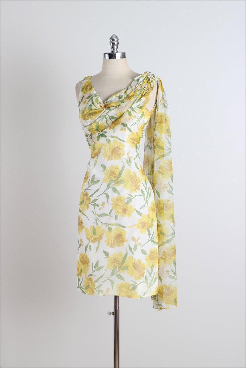 Vintage 1950s Yellow Floral Crepe Chiffon Cocktail Dress For Sale 1