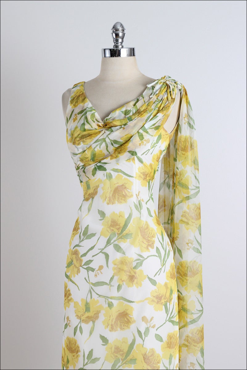 Vintage 1950s Yellow Floral Crepe Chiffon Cocktail Dress For Sale 2