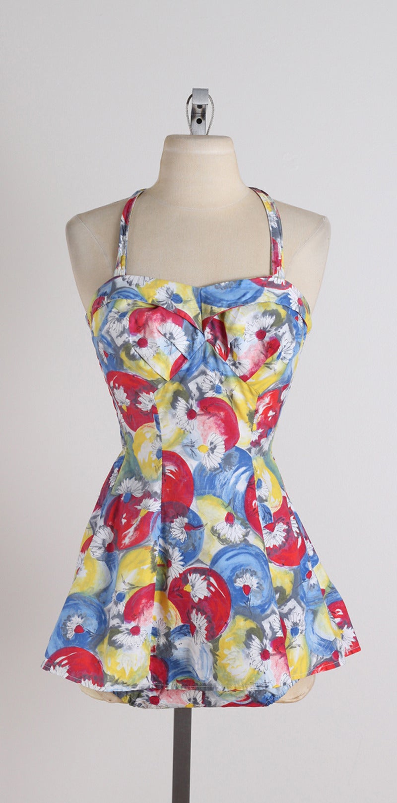 Vintage 1950s Kittiwake Red and Blue Watercolor Cotton Swimsuit 5
