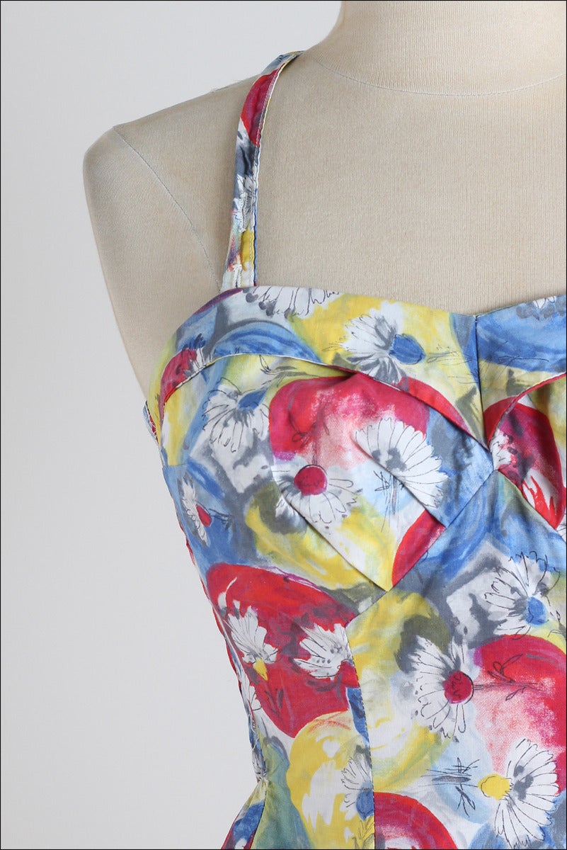 Vintage 1950s Kittiwake Red and Blue Watercolor Cotton Swimsuit at 1stDibs