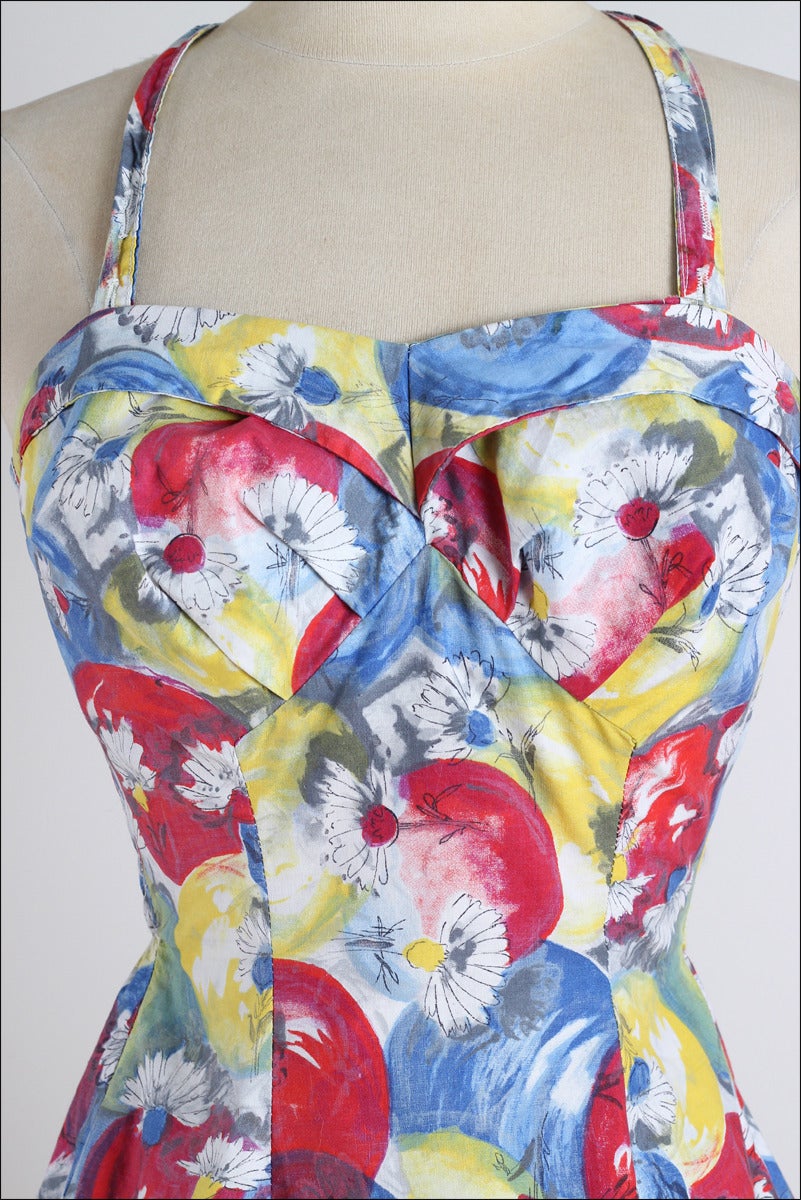 Vintage 1950s Kittiwake Red and Blue Watercolor Cotton Swimsuit In Excellent Condition In Hudson on the Saint Croix, WI