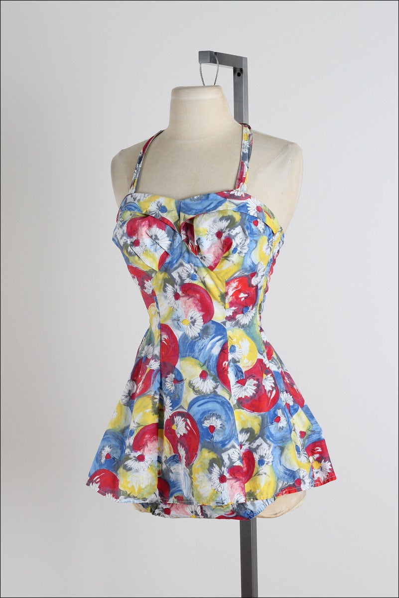 Vintage 1950s Kittiwake Red and Blue Watercolor Cotton Swimsuit 1