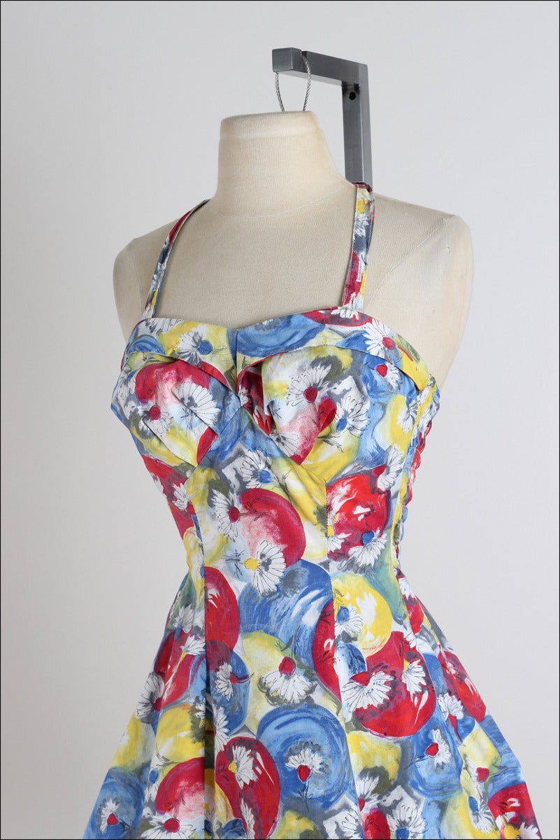 Vintage 1950s Kittiwake Red and Blue Watercolor Cotton Swimsuit 2