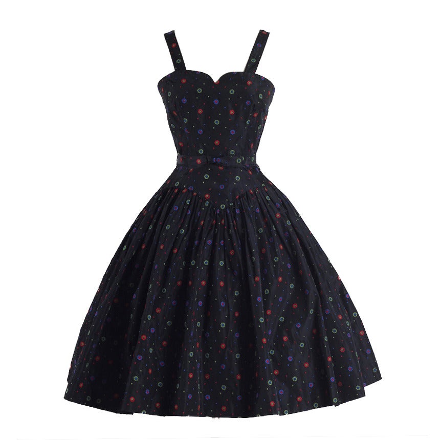 Vintage 1950s Black Floral Embroidered Dress For Sale