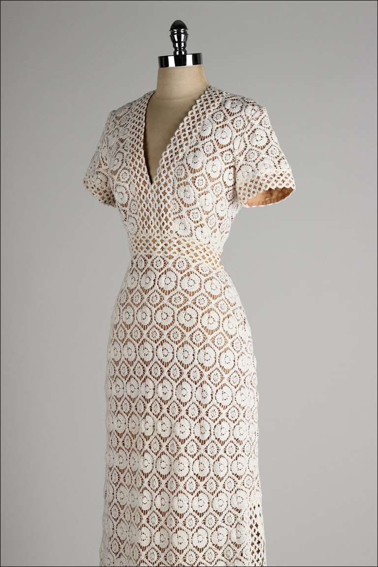 Vintage 1960's Fred Perlberg Crochet Lace Illusion Maxi Dress In Excellent Condition In Hudson on the Saint Croix, WI