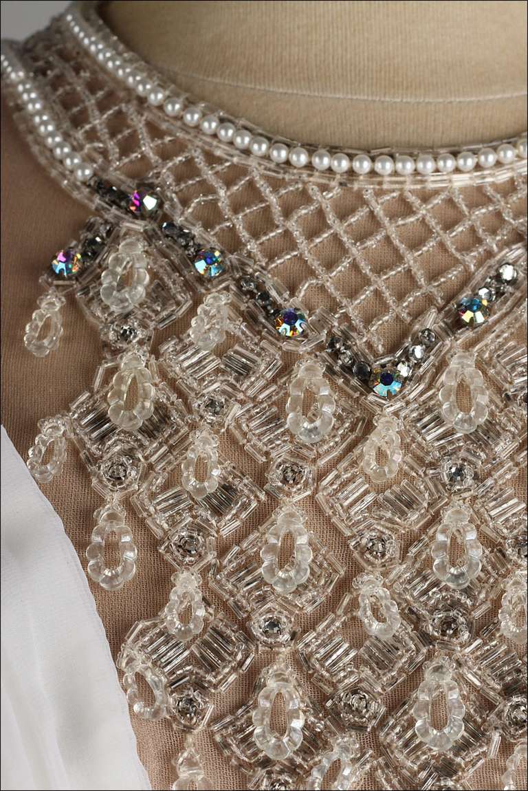 Vintage 1960's Jack Bryan White Jeweled Bib Cocktail Dress In Excellent Condition For Sale In Hudson on the Saint Croix, WI