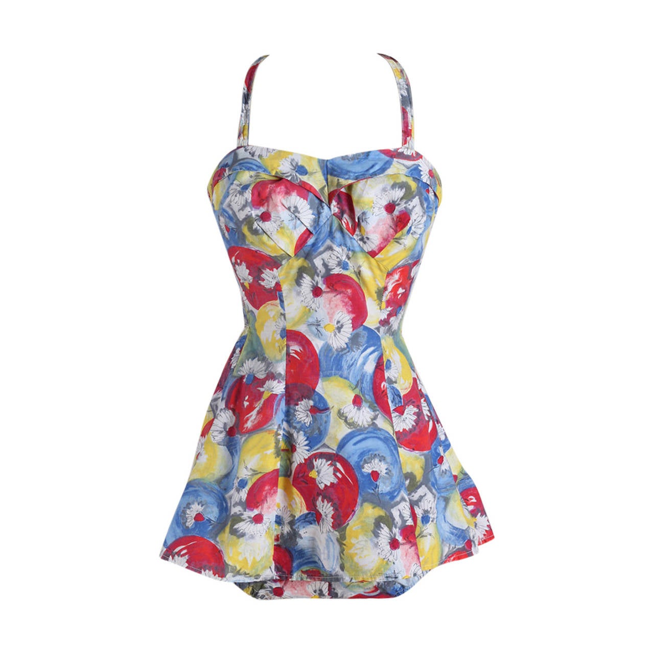 Vintage 1950s Kittiwake Red and Blue Watercolor Cotton Swimsuit
