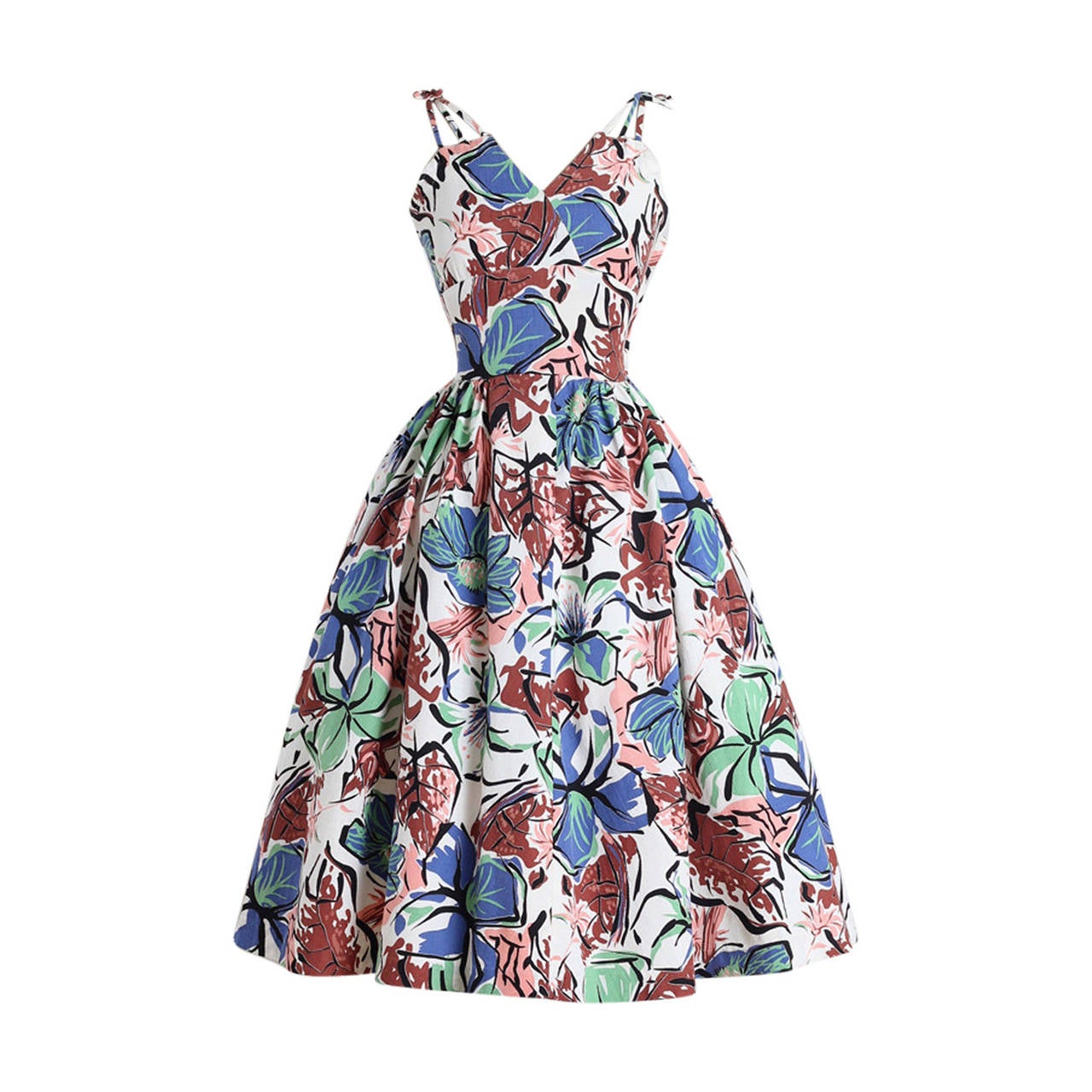 Vintage 1950s Tropical Blooms Cotton Dress For Sale